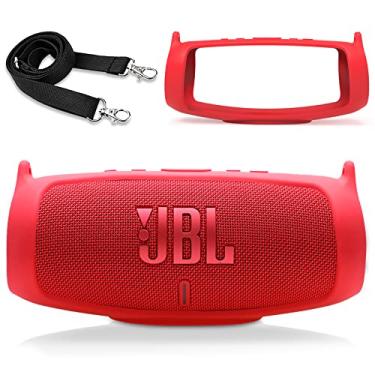 Imagem de LTGEM Capa de silicone para alto-falante JBL Charge 5, capa protetora de viagem em gel macio, bolsa de borracha impermeável com alça de ombro (vermelha)