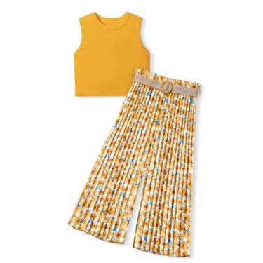 Imagem de BAVADER Roupas infantis de 7 a 14 anos para meninas, regatas caneladas + calça plissada de perna larga para meninas, roupas de verão de 2 peças, Blusa amarela + calça floral, 9-10Y