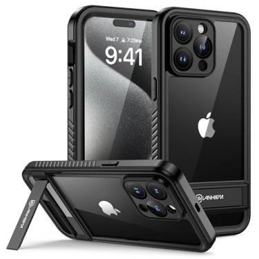 Imagem de Lanhiem Capa para iPhone 15 Pro Max com suporte, protetor de tela integrado à prova d'água IP68, à prova de poeira, à prova de choque, capa frontal e traseira para iPhone 15 Pro Max, 6,7 polegadas