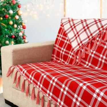 Imagem de Manta Xale para Sofá Xadrez Vermelho Natal Natalina Dupla Face - MUMUD