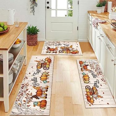 Imagem de U'Artlines Tapetes de cozinha de outono com conjuntos de corredores, 3 peças, casa de fazenda, abóbora, colheita sazonal, tapetes e tapetes de festa de fim de ano, tapetes e tapetes antiderrapantes laváveis para decoração de pia de corredor de casa (Hello Fall)