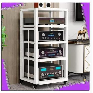 Imagem de Prateleira de armazenamento de áudio/vídeo, suporte de mídia com roda de freio, torre de áudio, prateleiras ajustáveis, armário de componentes de áudio de canto para componentes de entretenimento