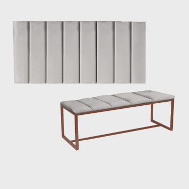 Imagem de Kit Painel Carla e Recamier Industrial 100cm Solteiro Box Ferro Bronze Suede Cinza Claro - Ahz Móveis