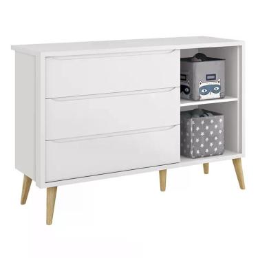 Imagem de Guarda Roupa 2 Portas e Cômoda com Porta Theo Pés Madeira Natural - Reller Móveis Branco Fosco