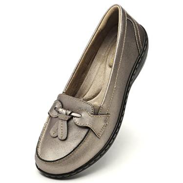 Imagem de Artisure Mocassins femininos clássicos de couro legítimo da Penny, modernos, com borla, mocassins confortáveis para dirigir, casuais, sem cadarço, Champanhe metálico, 9.5