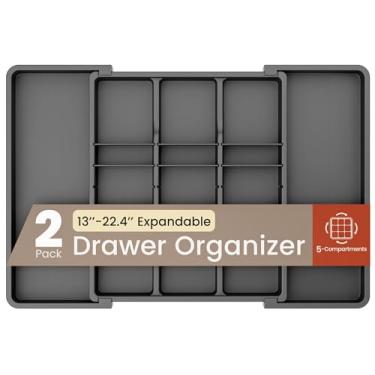 Imagem de Organizador de gaveta expansível preto, pacote com 2, ajustável de 33 a 56 cm, organizador de talheres com 5 compartimentos para utensílios de cozinha, espátulas, talheres e ferramentas, fácil de