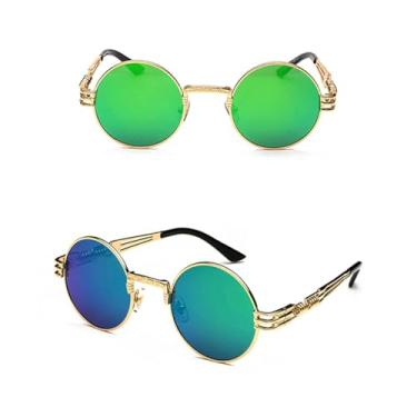 Imagem de VFDHN Óculos de sol vintage retrô gótico steampunk espelhado vintage redondo masculino UV400 (espelho dourado verde)