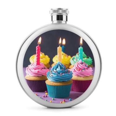 Imagem de Cantil clássico com estampa de cupcakes de feliz aniversário, frasco de aço inoxidável para licor, frasco de bolso de 142 g