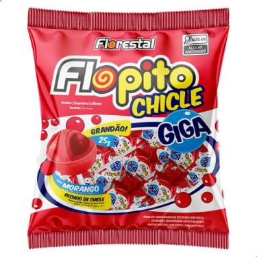 Imagem de Pirulito Flopito Chicle Giga Sabor Morango Pacote 600g com 24 un Flore