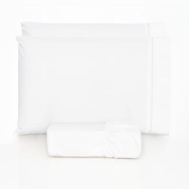 Imagem de Jogo de lençol 100% algodão 200 fios com fronha ponto palito diversos tamanhos (solteiro, casal, queen, king size) (Branco, King)