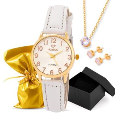 Imagem de Kit Relógio Eura Couro Dourado Colar e Brinco com Caixa Presenteavel, 