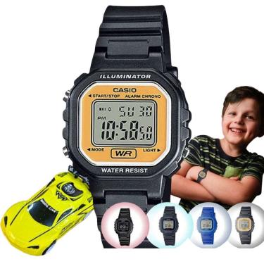 Imagem de Kit Relógio de Pulso Casio Infantil Masculino Resistente Água Calndário Alarme Digital LA-20WHS + Carrinho Miniatura