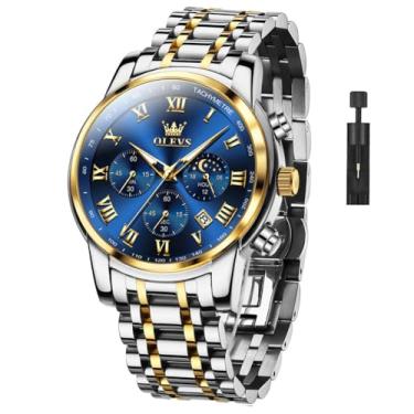 Imagem de OLEVS Relógios masculinos clássicos, à prova d'água, de aço inoxidável, fácil de ler, casual, grande, relógios de pulso analógicos, masculinos, luxuosos, G5529-G-J-azul, TASUO-S-G5529G-JL