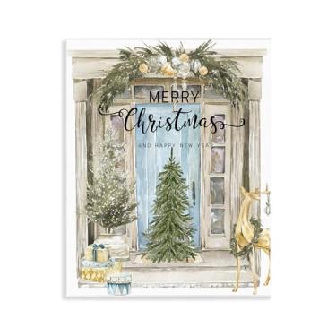 Imagem de Stupell Industries Design de arte de parede de porta e árvore de Feliz Natal por Jesse Keith, 14 x 11