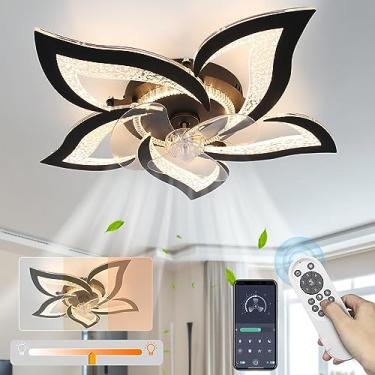 Imagem de Ventilador de teto de perfil baixo com luz, luz de ventilador de teto de montagem embutida de 71 cm, LED regulável, 6 velocidades com controle remoto/aplicativo, para quarto e sala de estar, flor