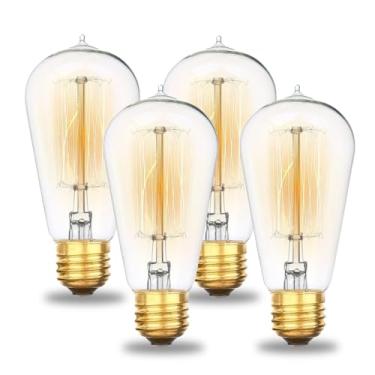 Imagem de Pacote com 4 lâmpadas incandescentes de 60 watts, lâmpada E26 com luzes brancas quentes para quarto, lâmpadas reguláveis ST58 2200K, lâmpadas Edison 230lM para lâmpada vintage, lâmpadas de filamento