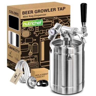 Imagem de NutriChef Sistema de torneira de Growler pressurizado, 1,8 l de aço inoxidável, mini dispensador de barril, kit portátil Kegerator, regulador de pressão de CO2 mantém a carbonatação para cerveja artesanal, rascunho e bebida caseira