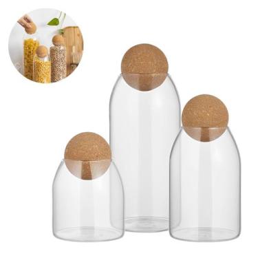 Imagem de Kit Potes de Vidro com Tampa de Cortiça para Alimentos 300ml 600ml 900