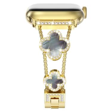 Imagem de NewWays Pulseira feminina compatível com Apple Watch séries 11 10 de 46 mm, séries 9/8/7 de 45 mm, séries 6/5/4 de 44 mm, série 3 de 42 mm, diamantes brilhantes, trevo de quatro folhas, dourado/preto
