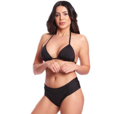 Imagem de Conjunto Biquíni Feminino Cortininha Calcinha Tangão Largo FMF Preto, 