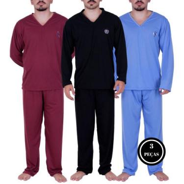 Imagem de Kit 3 Pijama Inverno Blusa de Frio Masculino Manga Longa Calça Comprid