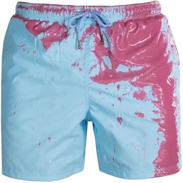 Imagem de Calções De Banho Masculinos Coloridos, Shorts De Natação De Secagem Rápida Com Forro De Malha, Calças De Praia Masculinas Descoloridas Com água, Shorts De Corrida Casu, Blue, L