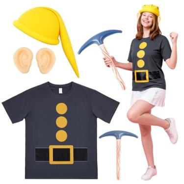 Imagem de Chicingyou Conjunto de fantasia de anão de Halloween, camiseta de anão, chapéu de gnomo, orelhas falsas, picareta para festa, cosplay, acessórios de fantasia de gnomo, amarelo, cinza escuro, XX-Large