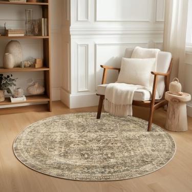 Imagem de FMFUNCTEX Tapete de área redondo lavável de 90 cm, marrom, vintage, neutro, envelhecido, pequeno, antiderrapante, para sala de estar, quarto, macio, de pelo baixo, tapete interno retrô floral para