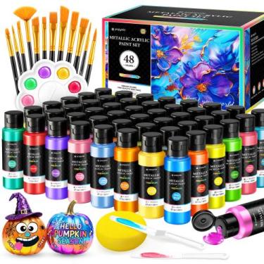 Imagem de Conjunto de tinta acrílica POPYOLA 48 cores 60mL com pincéis e paleta