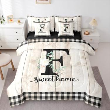 Imagem de Erosebridal Jogo de cama solteiro com alfabeto de flores, 7 peças, letra F, rústico, bege, porta de celeiro, casa de fazenda, primavera e jardim, conjunto de cama (F)