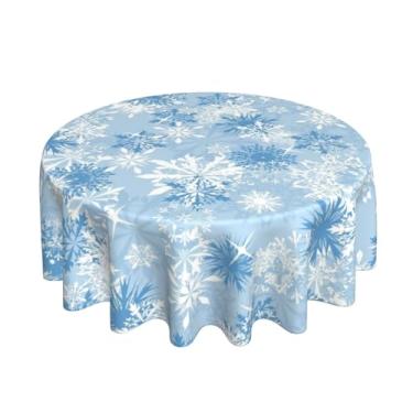 Imagem de Toalha de mesa redonda de Natal 152 x 152 cm, toalha de mesa redonda para inverno, azul, branca, floco de neve, tecido de poliéster, para cozinha, festa, piquenique, decoração ao ar livre