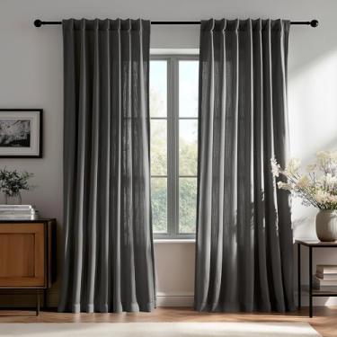 Imagem de Deconovo Cortinas semitransparentes de mistura de linho, aba oculta/bolso superior com tiras de tecido, cortinas de privacidade com filtro de luz para sala de estar e quarto, cinza escuro 127 cm L x