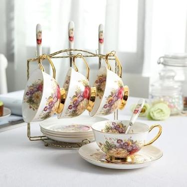 Imagem de Caneca Pastoral Floral Osso Xícara de Chá Pires Conjunto de Colher 200 ml Café Cerâmica Xícara de Café Elegante Avançada Porcelana Xícara de Chá Dropshipping Caneca de Café (Cor: 4 Copos n Suporte)