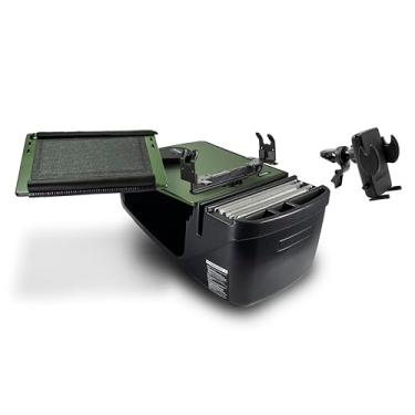 Imagem de AutoExec AE-RDFS-PS-VC-AG Reach Desk banco dianteiro para carro e estação de trabalho portátil com suporte para impressora e clipe de ventilação do telefone, verde exército
