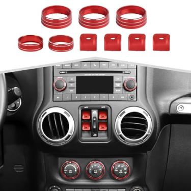 Imagem de Amayum 9 peças de console central AC botão interruptor de controle de janela painel adequado para Jeep Wrangler JK JKU 2012-2018 kit de anel de botão de volume de rádio, vermelho