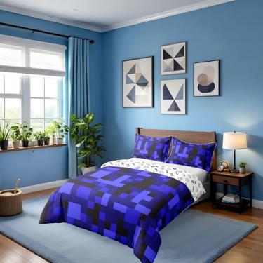 Imagem de Conjunto de capa de edredom Pixelated Blocks, tamanho casal, 100% algodão, jogo de cama infantil com camuflagem militar mineiros, decoração de quarto de patchwork de grade geométrica, capa de colcha