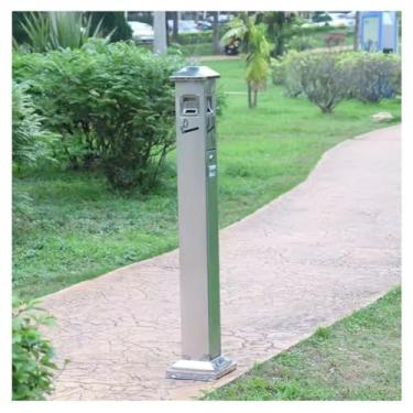 Imagem de Cinzeiro de pé, cinzeiro de exterior de aço inoxidável com tampa, cinzeiros para cigarros com chave, cinzeiro de pé para exterior, para casa, pátio (cor: prateado)