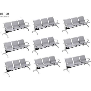 Imagem de Kit com 09 Cadeiras Longarina Aeroporto Cromada 3 Lugares - TM