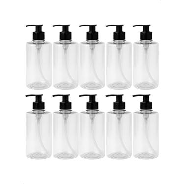 Imagem de Kit 10 Saboneteira Pump Preta Refil Frasco Cilindrico 300ml Creme Shampoo Sabão Liquido Sabonete