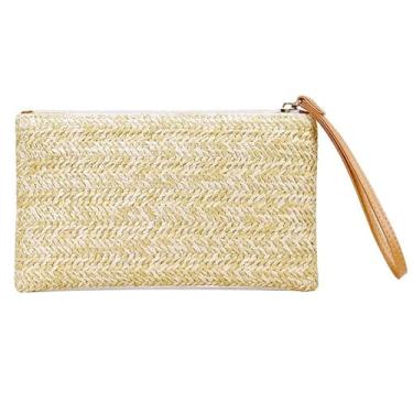 Imagem de Bolsa clutch feminina de palha - Bolsa de mão boêmia verão praia com zíper, Amarelo pequeno