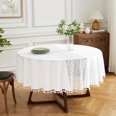Imagem de LinenZone Toalha de mesa branca redonda pequena de 91 cm com flores de crochê no meio e borlas para 2 a 4 pessoas. Toalha de mesa de macramê para cozinha boêmia ou decoração de mesa de jantar Boho
