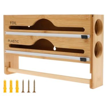 Imagem de ZJRDYYK Organizador de folha de bambu e plástico, dispensador e cortador de filme aderente para rolo de plástico de 30,5 cm, folha de alumínio e papel encerado