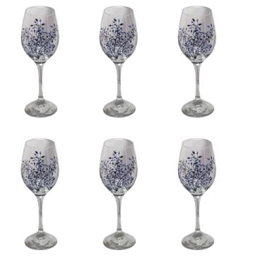 Imagem de Kit 6 Taças de Vidro Grande 490ml Vinho Água Flor Azul