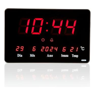 Imagem de Relógio de Parede Digital LED, Display Vermelho, 25x16x3cm, com Calendário, Termômetro, Alarme, Bivolt, Preto