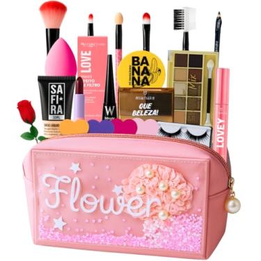 Imagem de Bolsa Maquiagem Profissional Completa Kit com Paleta Sombras Make Rosa Presente (BRANCA)
