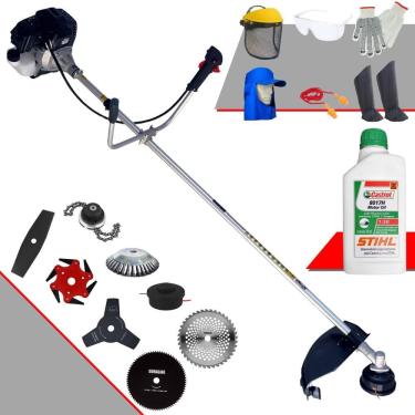Imagem de Roçadeira RT43LB25A Toyama 43cc Com Carretel Nylon + Facas 2 Pontas, 3 Pontas, 6 Pontas, 40 Dentes, 80 Dentes, Trimmer e Escova + EPI + ÓLEO STIHL 2T