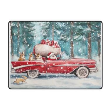 Imagem de Blueangle Tapetes de Natal laváveis de 10 x 13 cm para sala de estar - Tapete ultramacio antiderrapante resistente a manchas com estampa de carro vermelho vintage, decoração de férias para quarto e