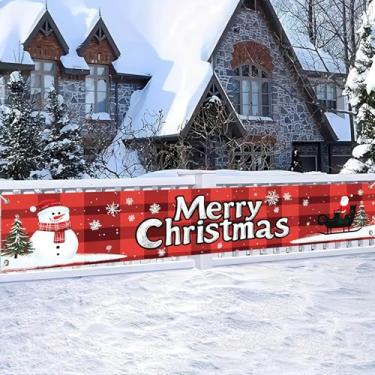 Imagem de HOMETITUTE Banner xadrez Feliz Natal 395 x 50 cm pano de fundo de boneco de neve vermelho decorações de Natal para varanda cerca parede quintal festa de férias pendurado banner fotografia inverno pano