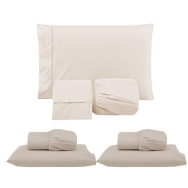 Imagem de Kit 3 Jogos de Lençol com Elástico e Fronhas Bordadas em Ponto Palito, Micropercal 300 Fios, 1 Casal Padrão e 2 Solteiros, 100% Poliéster (CPS Versat (Palha/Cáqui/Cáqui))