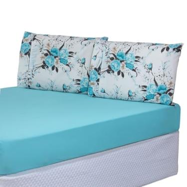 Imagem de Jogo de Lençol Solteiro 2 Peças Percal 150 Fios 100% Algodão com Elástico Azul – Toque Macio e Estampa Delicada